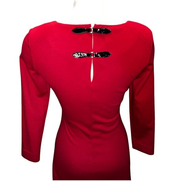 MNG By Mango Red Long Sleeve Ruched Dress Sz Medium Womens Buckle Back - Picture 13 of 16